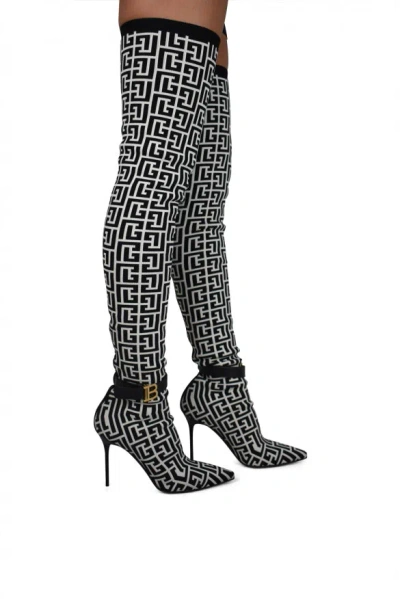 Balmain Bicolor Knit Raven Thigh-high Boots With Monogram Strap