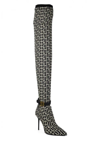 Balmain Bicolor Knit Raven Thigh-high Boots With Monogram Strap