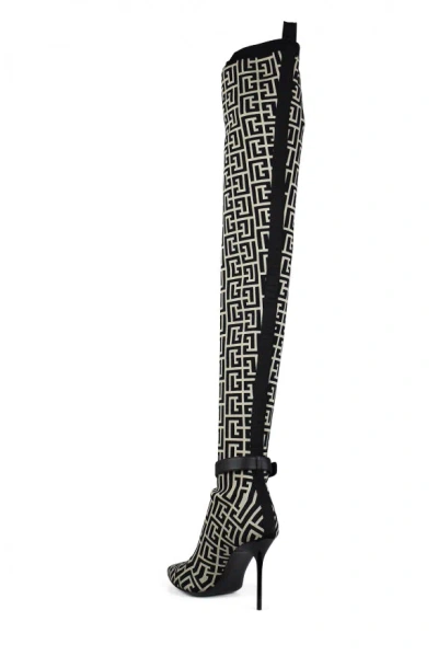 Balmain Bicolor Knit Raven Thigh-high Boots With Monogram Strap