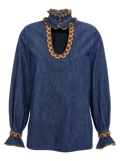 Valentino Womens Embroidered Frilled Cotton-denim Shirt Medium Blue Denim