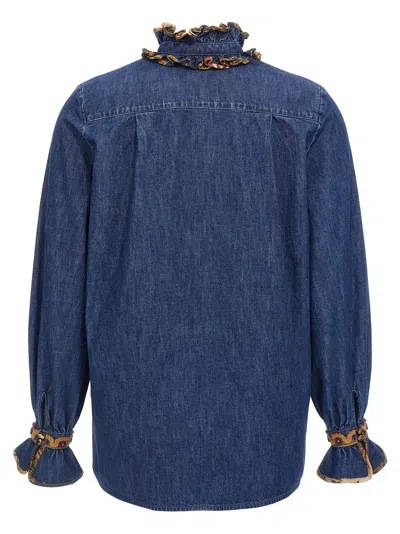 Valentino Womens Embroidered Frilled Cotton-denim Shirt Medium Blue Denim