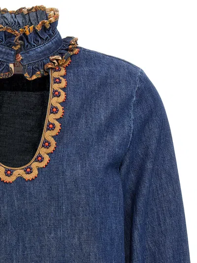 Valentino Womens Embroidered Frilled Cotton-denim Shirt Medium Blue Denim