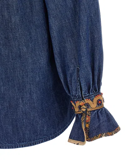 Valentino Womens Embroidered Frilled Cotton-denim Shirt Medium Blue Denim
