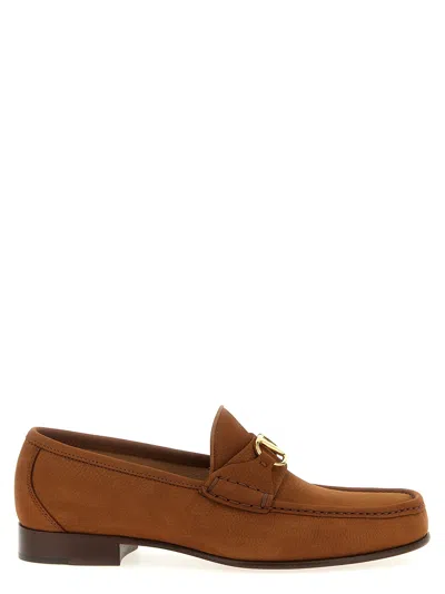 Valentino Garavani V-logo Embellished Full-grain Nubuck Loafers In Brown
