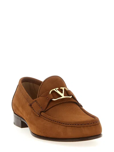 Valentino Garavani V-logo Embellished Full-grain Nubuck Loafers In Brown