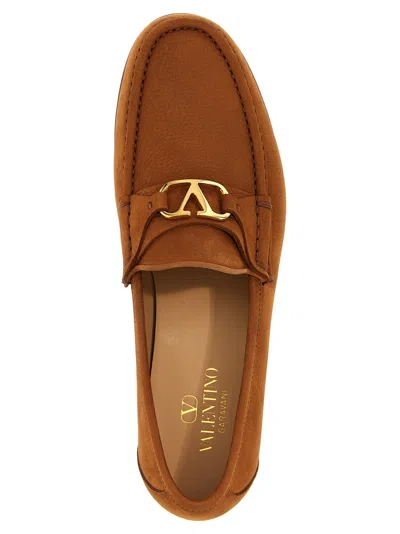Valentino Garavani V-logo Embellished Full-grain Nubuck Loafers In Brown