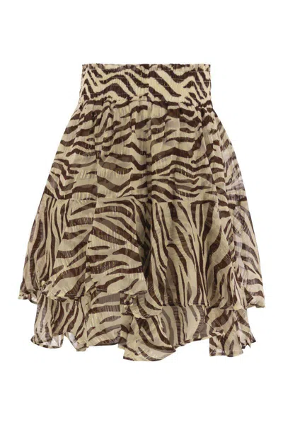 Mc2 Saint Barth Eivissa Ruffled Mini Skirt In Lurex Silk Voile With Animalier Print