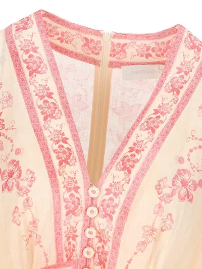 Zimmermann Lucky Pink Mini Dress With V Neck And All-over Floral Print In Linen Woman
