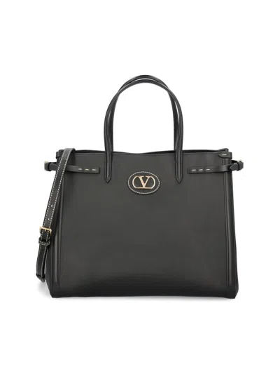 Valentino Garavani Borsa Tote In Pelle Nera Con Manici E Tracolla Women