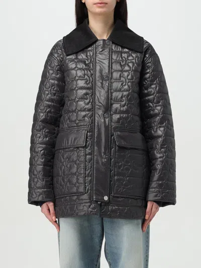 Ganni Shiny Black Quilted Midi Jacket With Pointed Collar