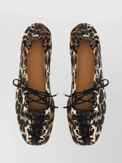 Ganni Denim Print Lace-up Ballerina Flats With Leopard Pattern In Animal Print
