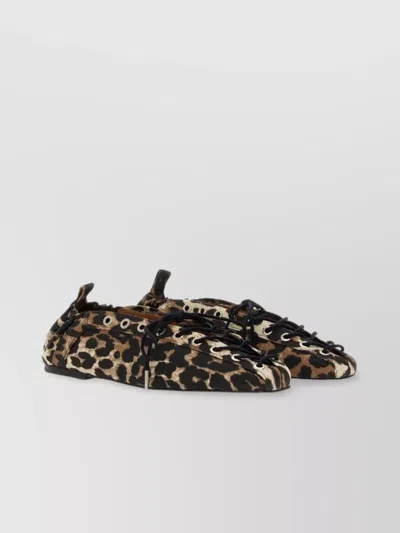 Ganni Denim Print Lace-up Ballerina Flats With Leopard Pattern In Animal Print