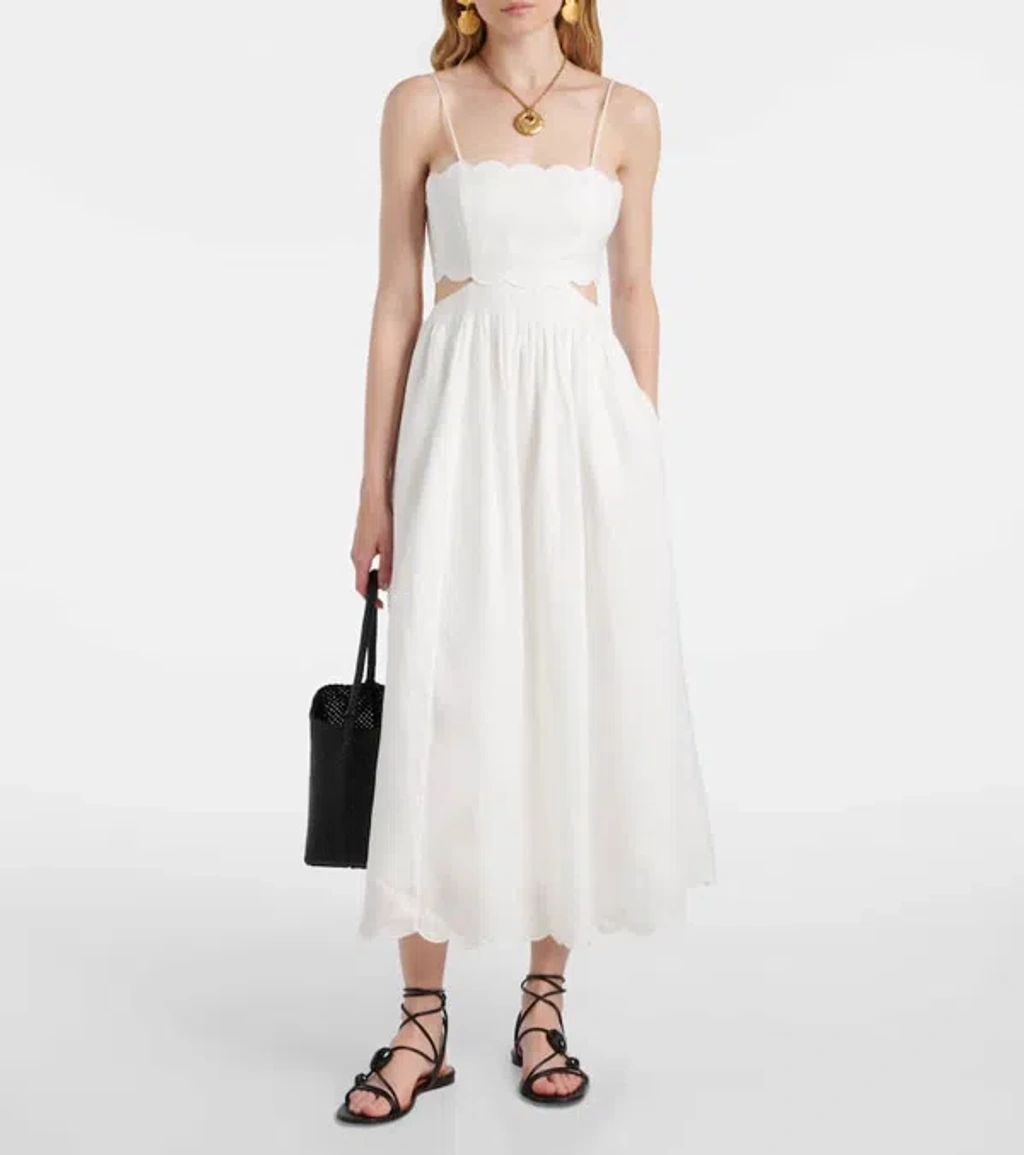 Zimmermann Jude Scalloped Cutout Linen Midi Dress In White | ModeSens