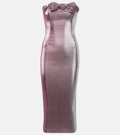 花卉贴花金属丝面料中长连衣裙