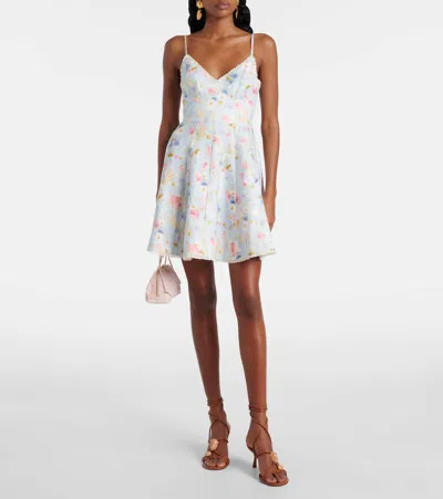 Zimmermann Lucky Lace-trimmed Floral-print Linen Mini Dress In Gray