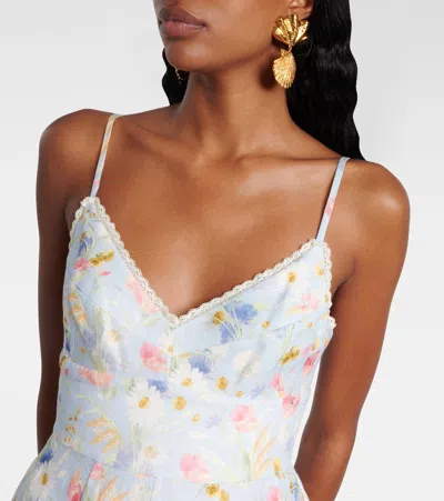 Zimmermann Lucky Lace-trimmed Floral-print Linen Mini Dress In Gray