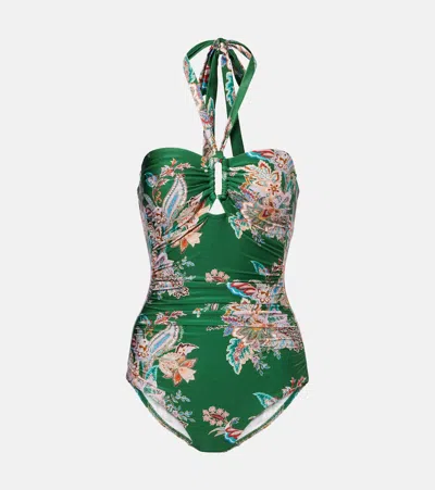 Zimmermann Rhiannon Wide Link Floral One-piece Swimsuit In Green