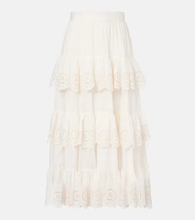 Zimmermann Women Ivory Embroidered Cotton Lucky Tiered Midi Skirt In Neutral