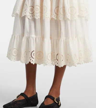 Zimmermann Women Ivory Embroidered Cotton Lucky Tiered Midi Skirt In Neutral