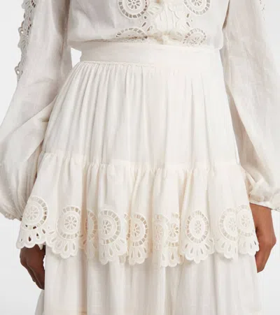 Zimmermann Women Ivory Embroidered Cotton Lucky Tiered Midi Skirt In Neutral