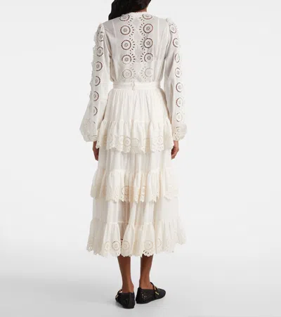 Zimmermann Women Ivory Embroidered Cotton Lucky Tiered Midi Skirt In Neutral