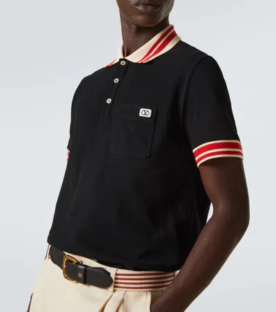 Valentino Cotton Piqué Polo Shirt With Vlogo Patch In Black