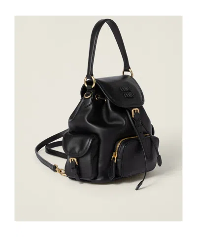 Miu Miu Leather Backpack With Front And Side Pockets