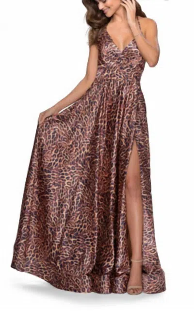 La Femme Spaghetti Strap Gown In Leopard Print