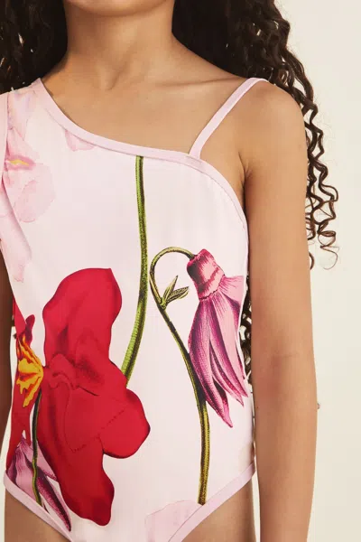 Reiss Girls Cream & Red Floral Print One-shoulder Swimsuit