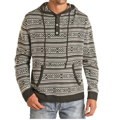 Rock & Roll Denim Henley Sweater Hoodie In Charcoal