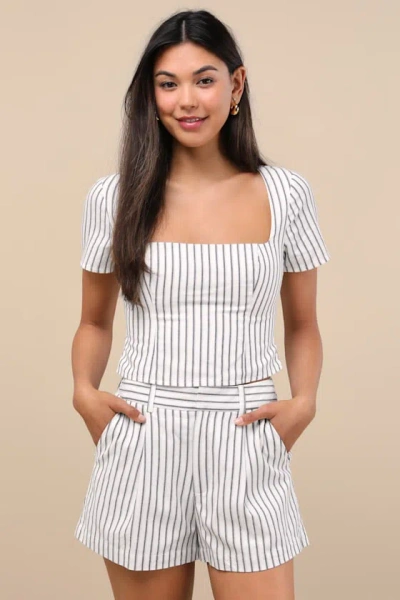 Lulus Danai White And Slate Striped High-rise Shorts In Multi