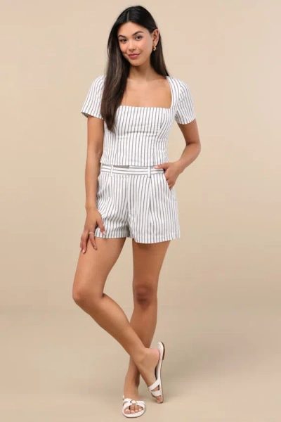 Lulus Danai White And Slate Striped High-rise Shorts In Multi
