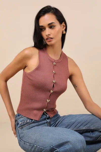 Lulus Conceptually Chic Rust Brown Ribbed Knit Button-front Tank Top In Pattern