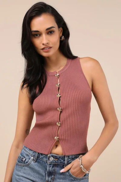 Lulus Conceptually Chic Rust Brown Ribbed Knit Button-front Tank Top In Pattern
