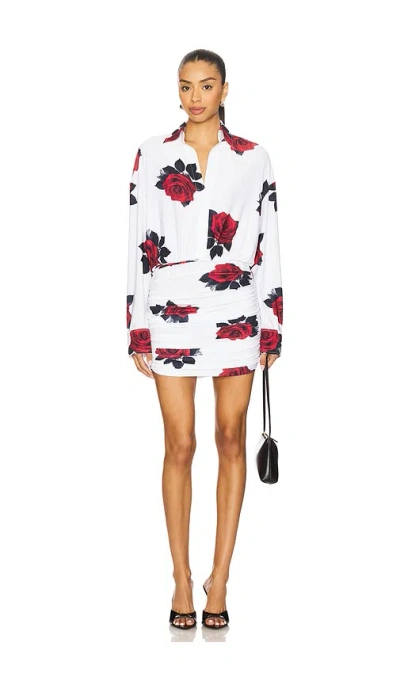 Norma Kamali Oversized Boyfriend Shirt Shirred Bottom Mini Dress In White