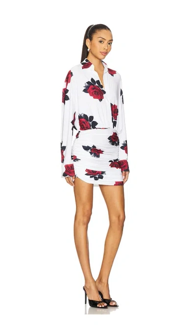 Norma Kamali Oversized Boyfriend Shirt Shirred Bottom Mini Dress In White