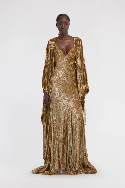 Roberto Cavalli Long Velvet Devore Gown In Brown