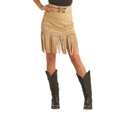 Rock & Roll Denim Studded Fringe Skirt With Side Zip In Camel