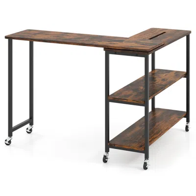 Hivvago Large 360-degree Free Rotating Sofa Side Table With Wheels And Storage Shelf-rustic Brown