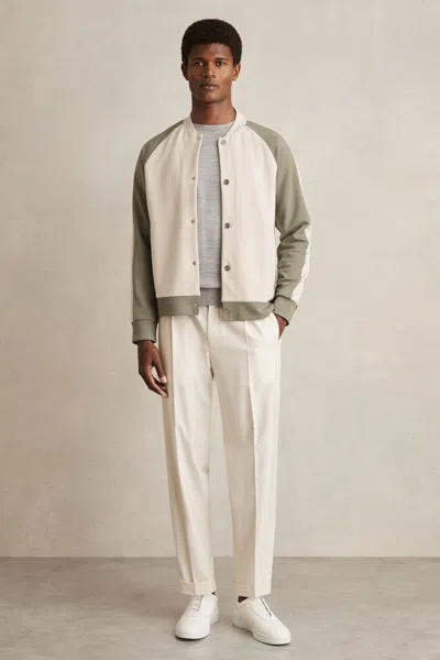 Reiss Off White/sage Interlock Colour-block Bomber Jacket