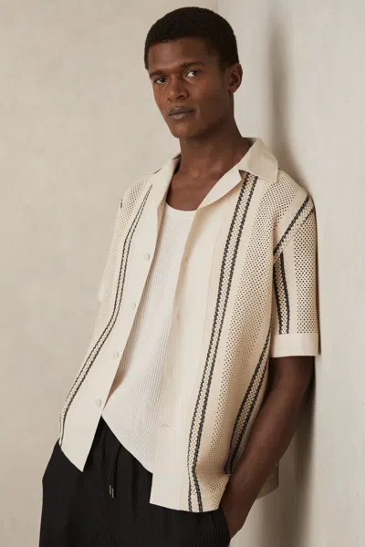 Reiss Mens Off White Navy Opal Striped Cotton-blend Shirt In Neutral