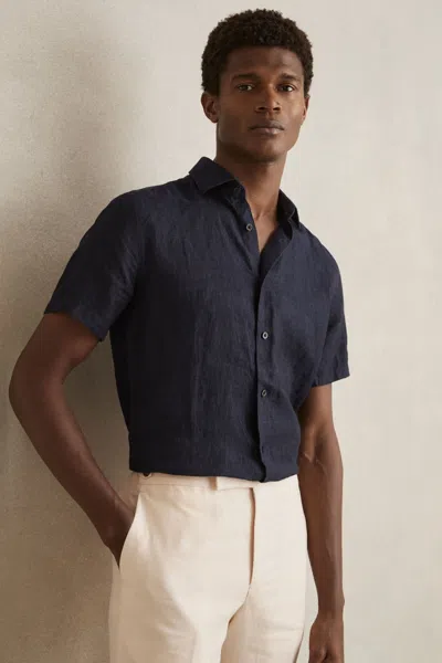 Reiss Mens Navy Holiday Square-collar Short-sleeve Linen Shirt Xs In Blue