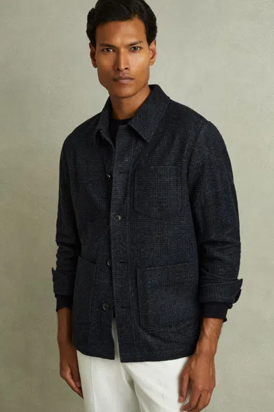 Reiss Navy Melange Checked Button Through Worker Jacket