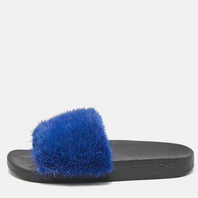 Pre-owned Givenchy Blue Mink Fur Pool Slide Flats Size 36