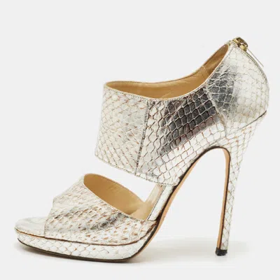 Pre-owned Jimmy Choo Metallic Python Embossed Leather Private Sandals Size 37.5 In Silver