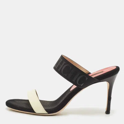 Pre-owned Ch Carolina Herrera Black/white Fabric And Patent Leather Slide Sandals Size 38