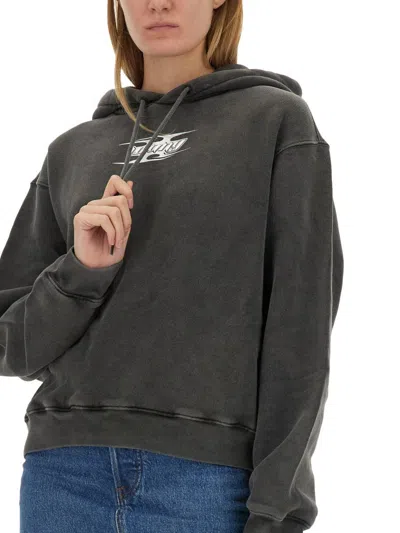 Alexander Wang T T By Alexander Wang Boxy Grey Sweatshirt With Logo Print And Drawstring Hood