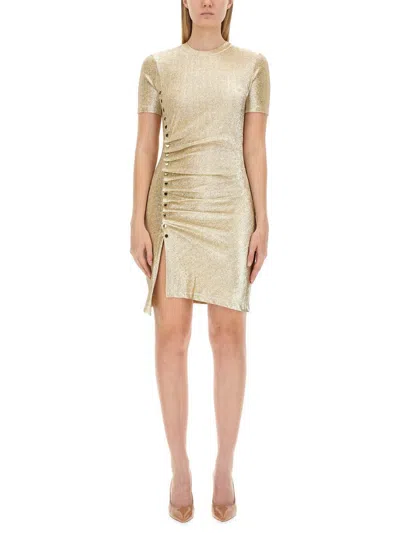 Rabanne Asymmetric Ruched Metallic Crepe Mini Dress