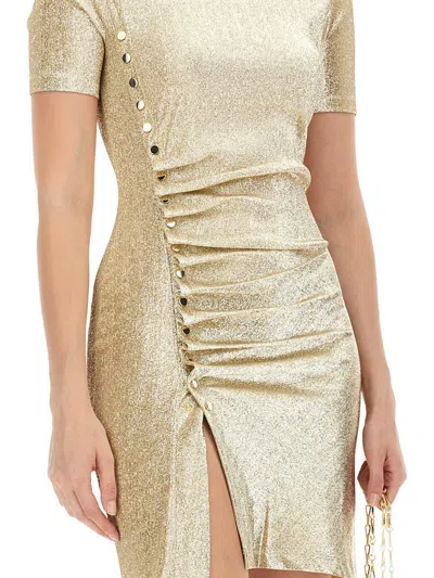 Rabanne Asymmetric Ruched Metallic Crepe Mini Dress