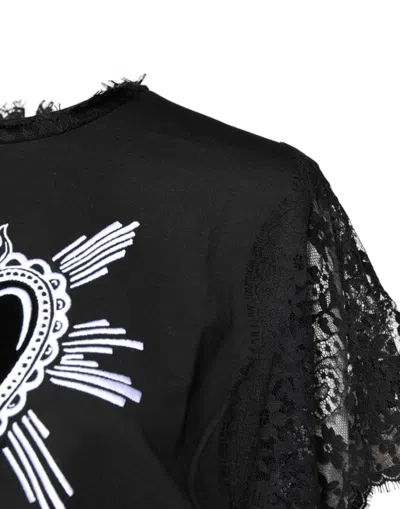 Dolce & Gabbana Black Sacred Heart Print Cotton Lace T-shirt In Black